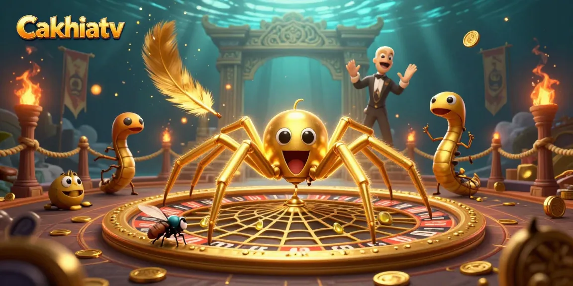 Cakhiatv features a golden spider spinning a roulette wheel web with dynamic gambling elements.