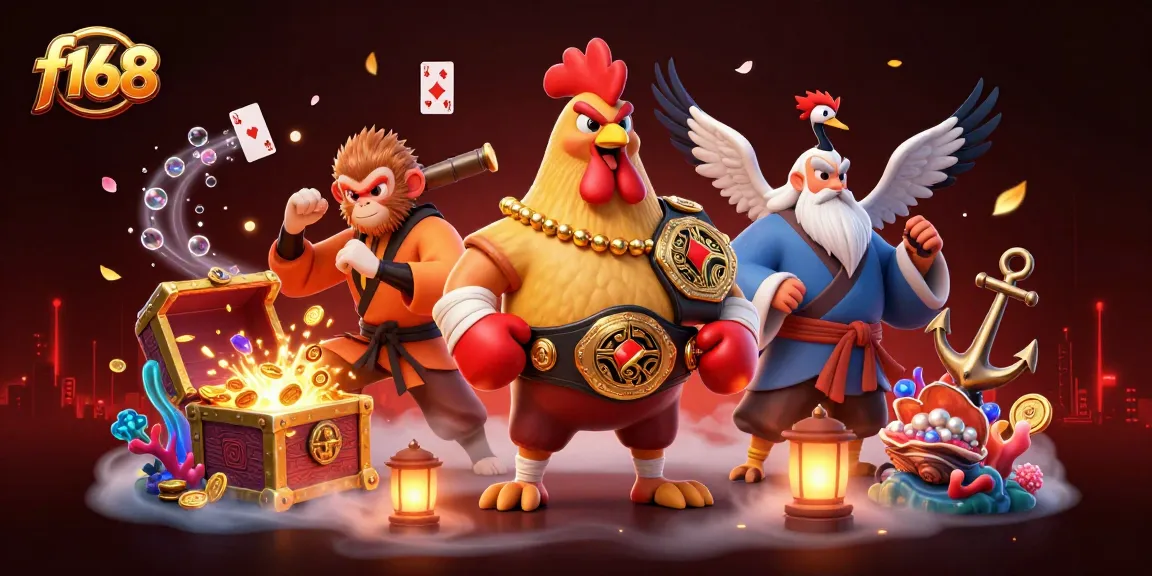 Experience vibrant f168 action with a thrilling 3D illustration of casino heroes and treasures.