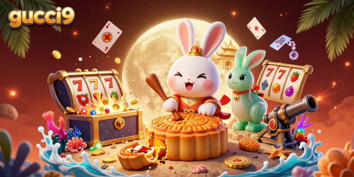 Play thrilling games at gucci9 while a moon rabbit reveals poker chips amidst vibrant casino elements.