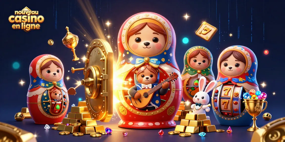 Nouveau casino en ligne illustre une scène animée avec des ours Matryoshka et des éléments de casino.