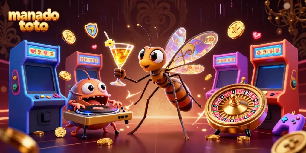 Experience manado toto amusement with a whimsical 3D illustration featuring vibrant casino elements.
