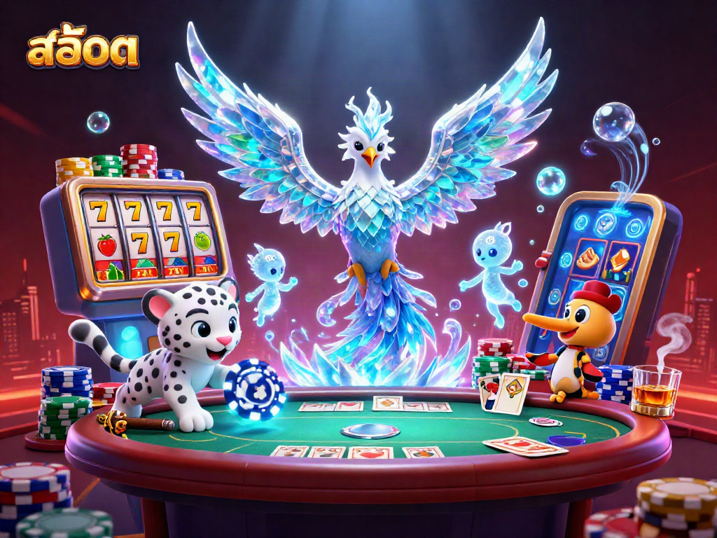 Experience the vibrant world of สล็อต with an enchanting 3D scene featuring a phoenix, poker elements, and ice sprites.