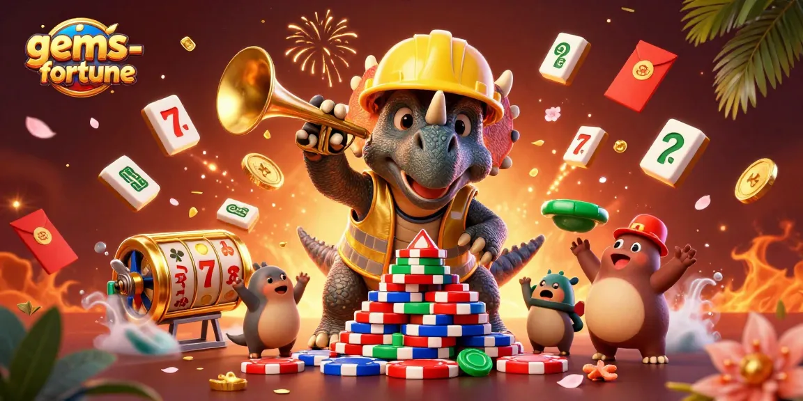 Engage with gems-fortune as a triceratops builds a poker chip pyramid in a vibrant casino scene.