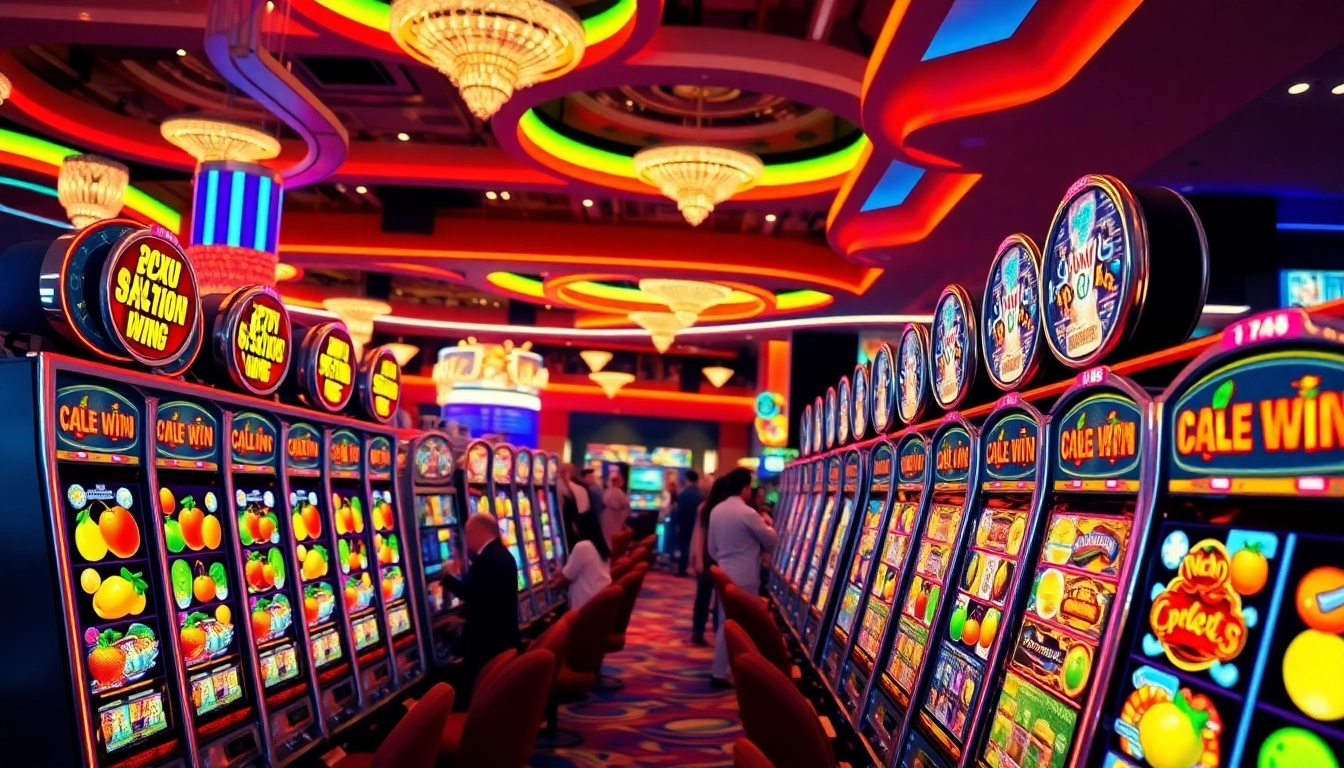 Experience vibrant slot gambling with colorful machines and excited players in a lively casino.