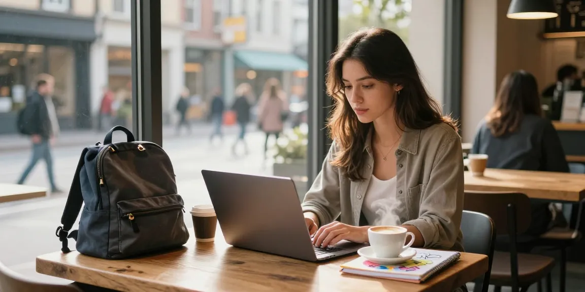 This page showcases a young woman focused on content creation in a vibrant coffee shop.