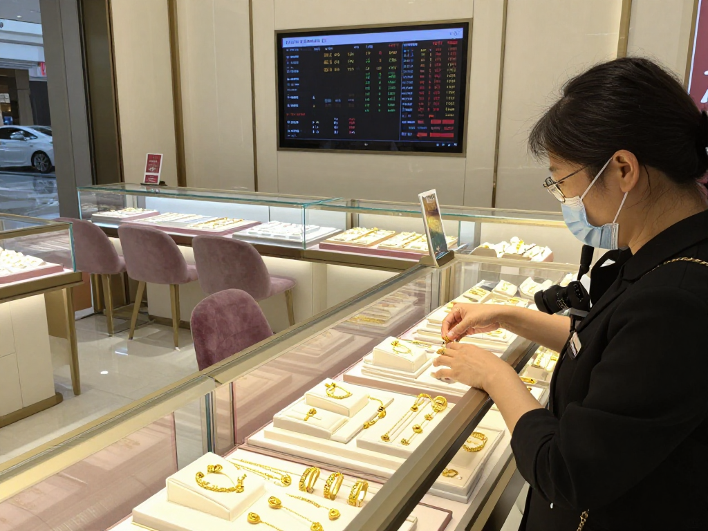 Showcasing gold jewelry at a premium retail store, mantra88 involved in customer selection.