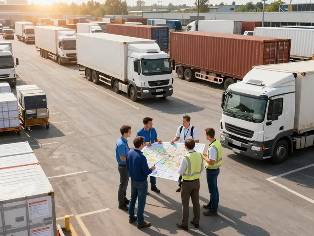 Komplettladung Transport von Dortmund in einer logistischen Szene mit einem Team, das Transportpläne bespricht.