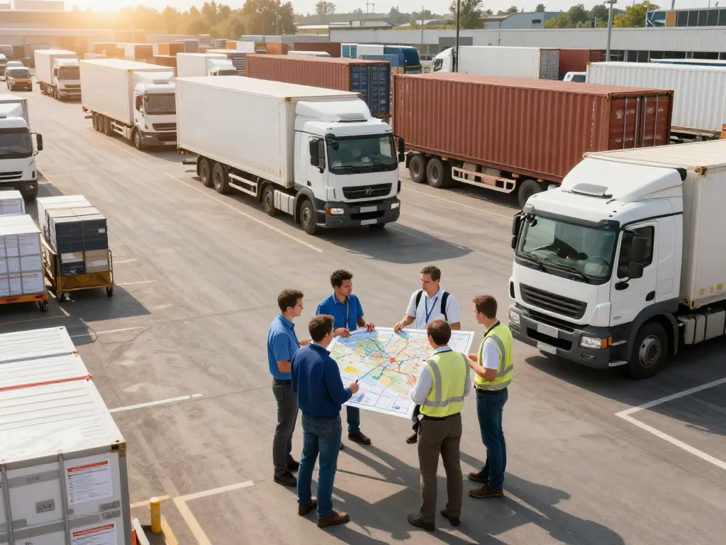 Komplettladung Transport von Dortmund in einer logistischen Szene mit einem Team, das Transportpläne bespricht.