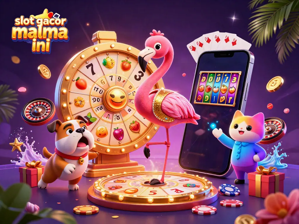 Engage with slot gacor malma ini in this vibrant 3D illustration featuring a game show host, bulldog contestant, and prizes.