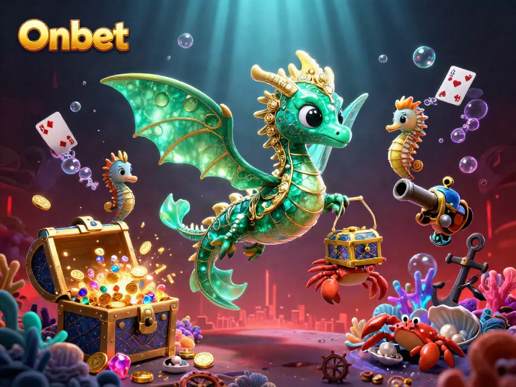 Engage in thrilling bets with Onbet as a colorful treasure-laden underwater scene unfolds.