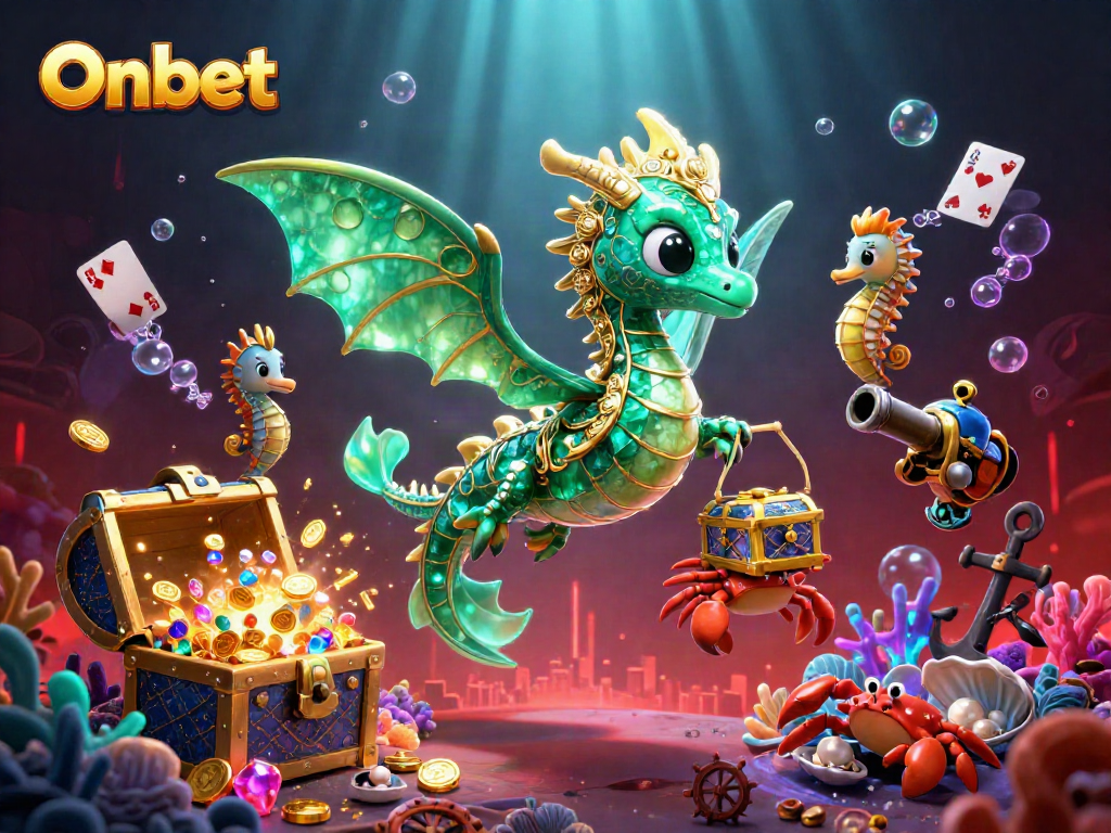 Engage in thrilling bets with Onbet as a colorful treasure-laden underwater scene unfolds.