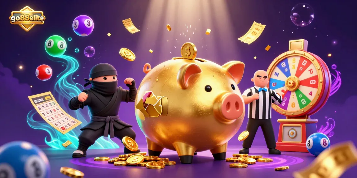 Experience excitement at go88elite with a vibrant gaming scene featuring a golden piggy bank and colorful lottery elements.