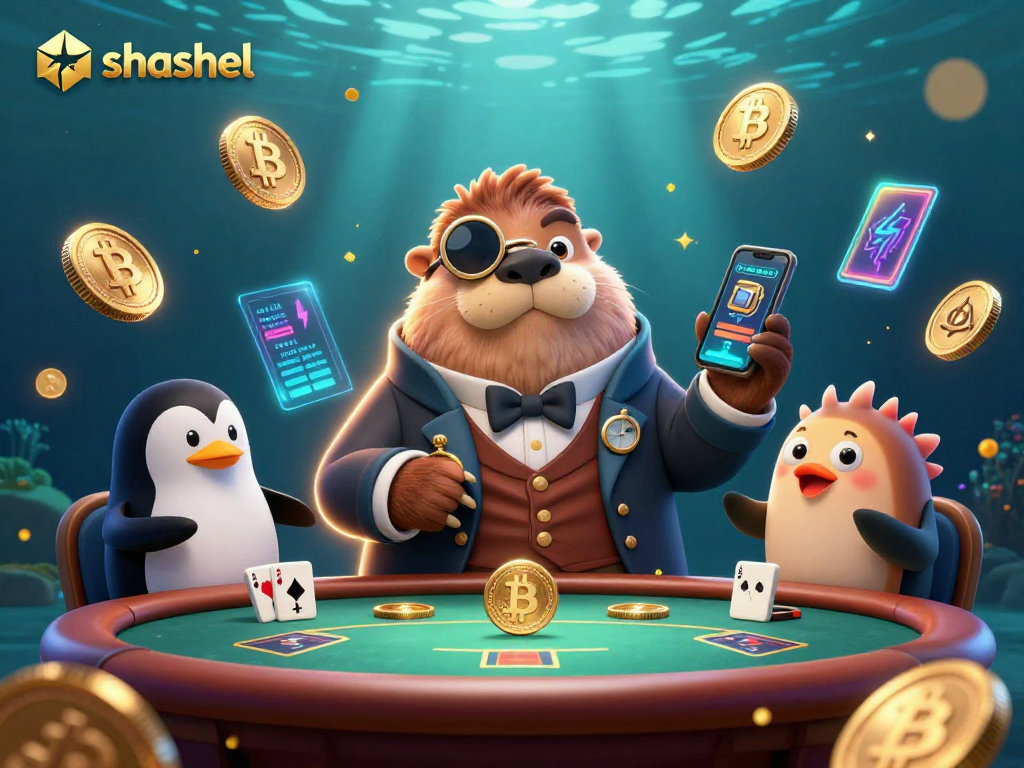 Experience gaming thrills with shashel's unique underwater poker scene featuring whimsical characters.