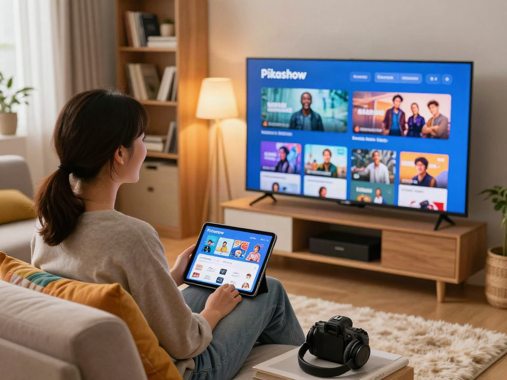 Download Pikashow Apk on a smart TV in a cozy living room.