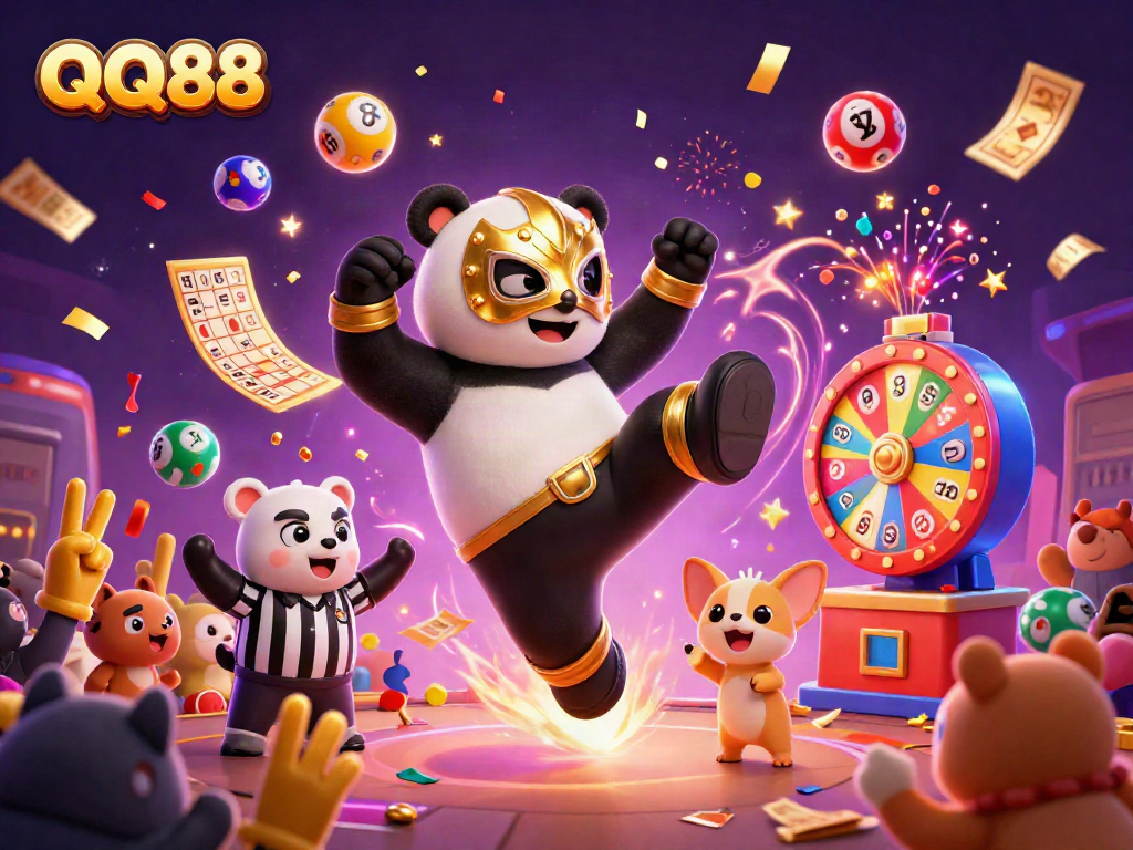 Experience excitement at QQ88 with lively cartoon animals celebrating a gaming event.