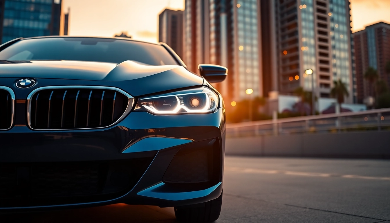 Luxury BMW car showcasing its pristine design against a sophisticated urban backdrop.