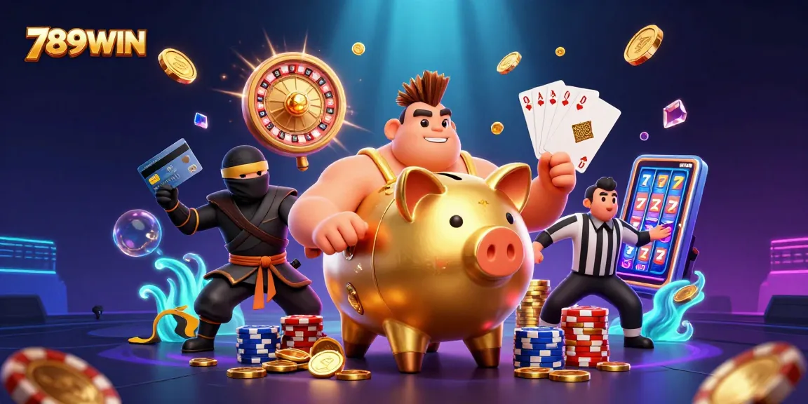 Engage in thrilling gameplay with 789WIN, featuring a dynamic scene of a piggy bank sumo wrestler and gaming elements.