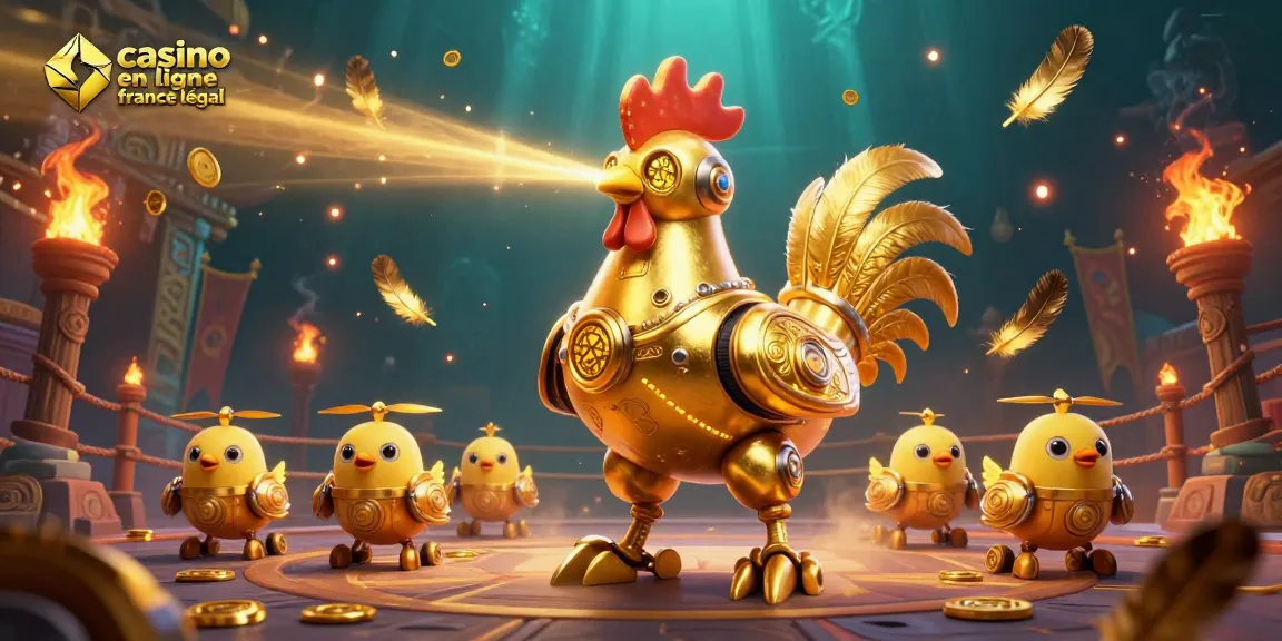 Jouez dans un casino en ligne en France légal avec un robot coq futuriste et des drones de poussins.