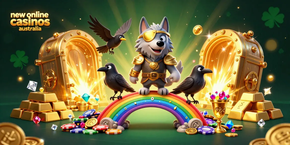 Spinning reels at new online casinos Australia, showing vibrant gems and golden wins.