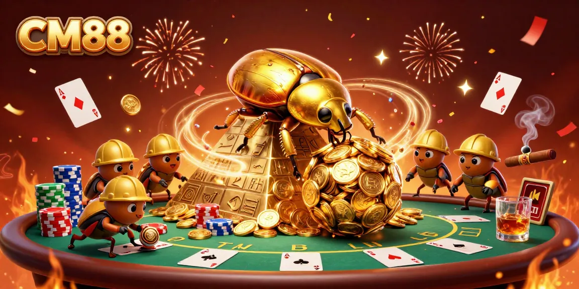 CM88 showcases an energetic 3D casino scene with golden beetles and dynamic gaming elements