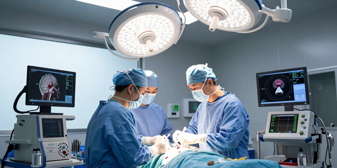 Beyin tümörü ameliyatı in progress, showcasing skilled neurosurgeon in a high-tech surgical setting with modern medical equipment.