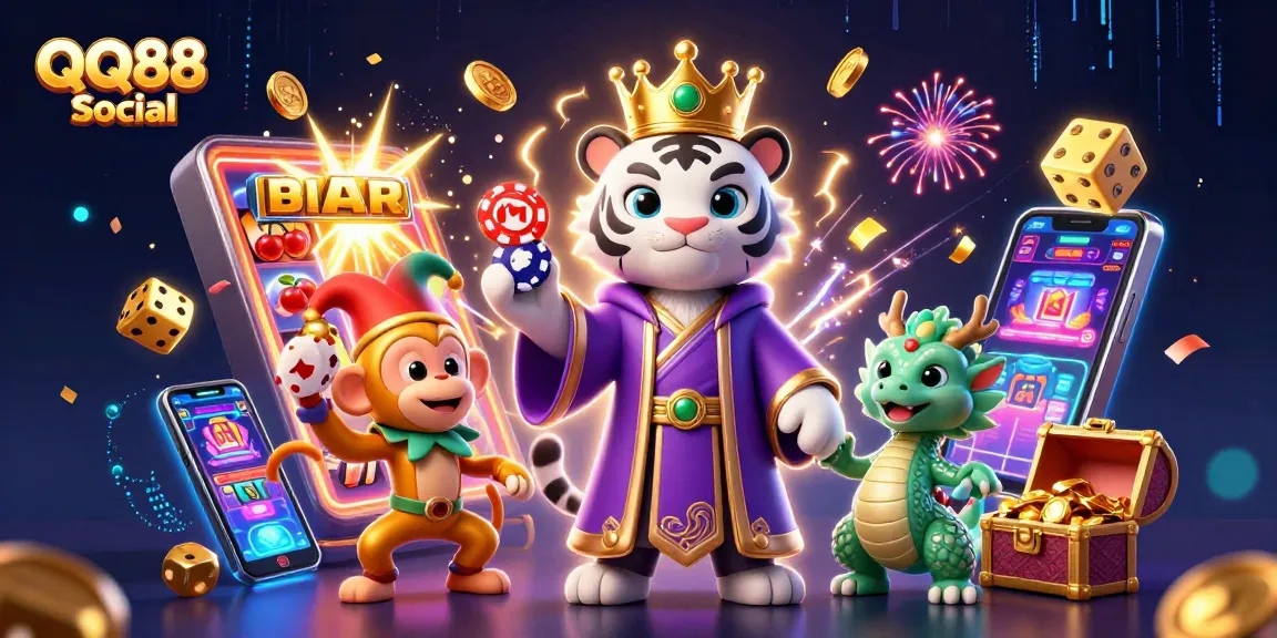 Experience thrilling gaming at QQ88 Social with lively characters celebrating a jackpot.
