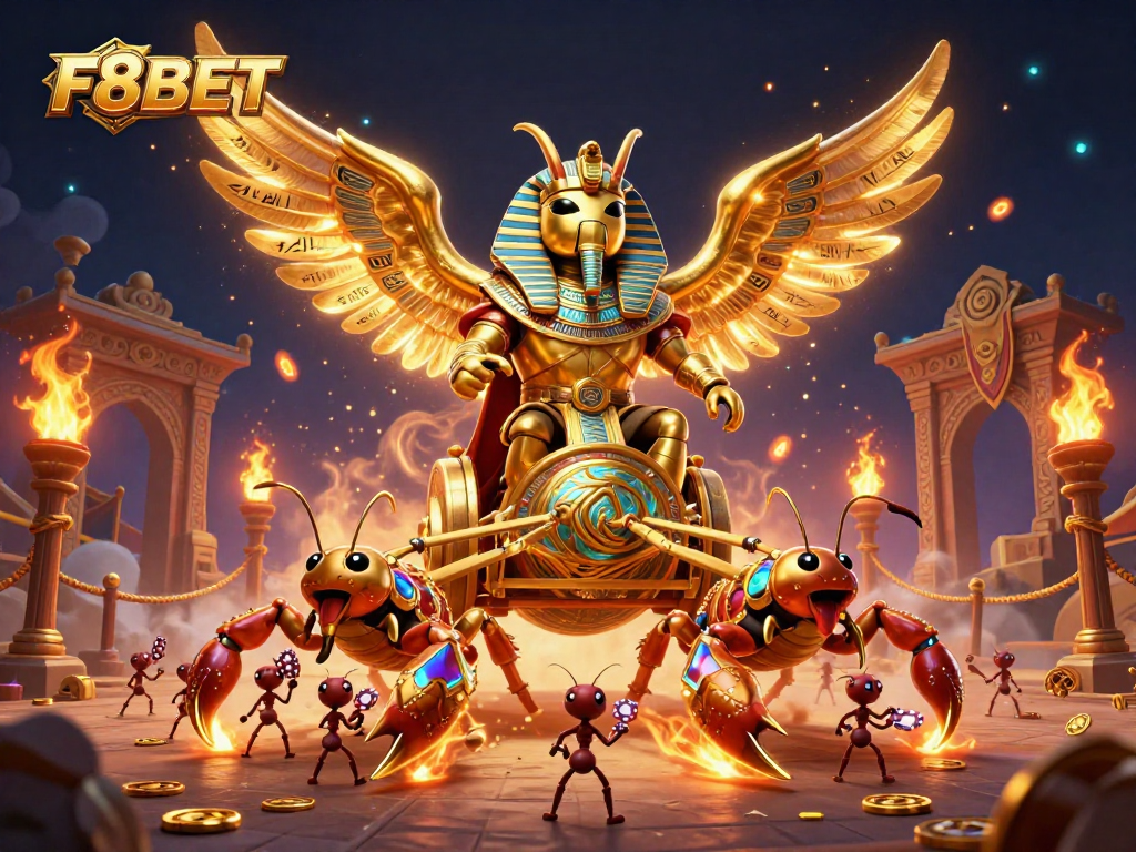 Engage with thrilling gaming moments featuring F8BET's golden scarab and dynamic casino elements.
