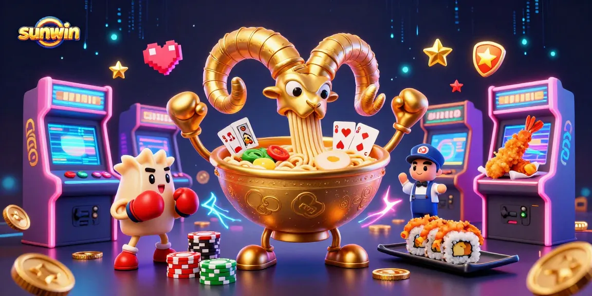 Engage with the sunwin casino featuring a giant ramen bowl dealer amidst vibrant gaming elements.