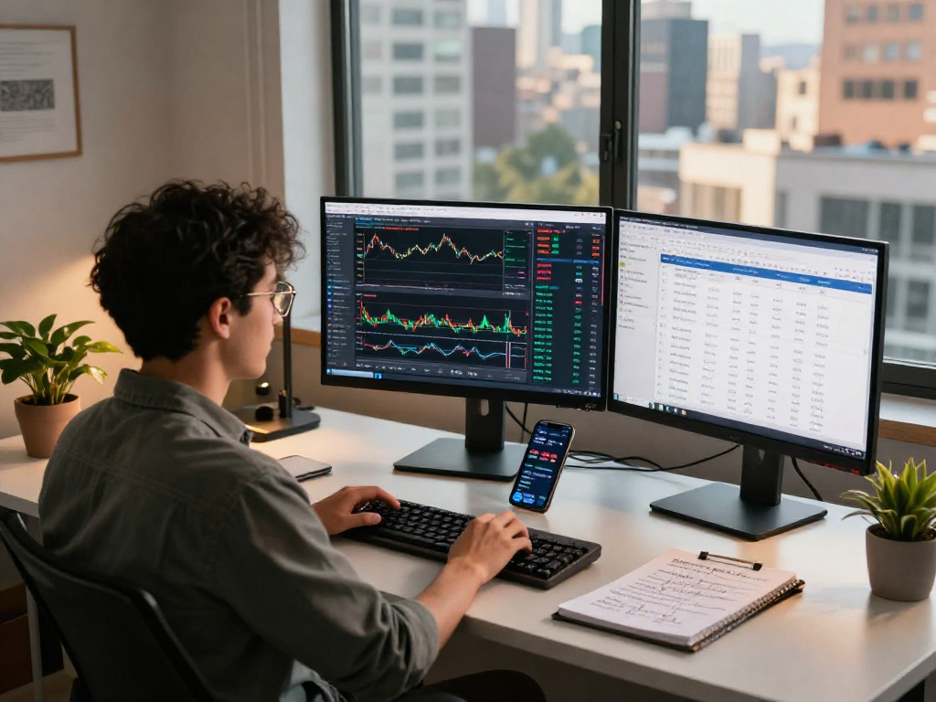 TradingView workspace with trader analyzing market trends on multiple screens, showcasing a professional trading environment.