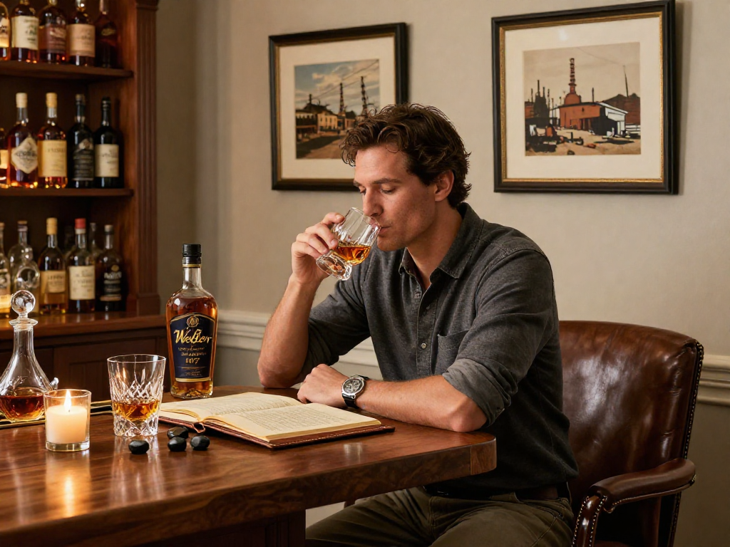 Whiskey connoisseur enjoying Weller Antique 107 Bourbon in a luxurious home bar setting.
