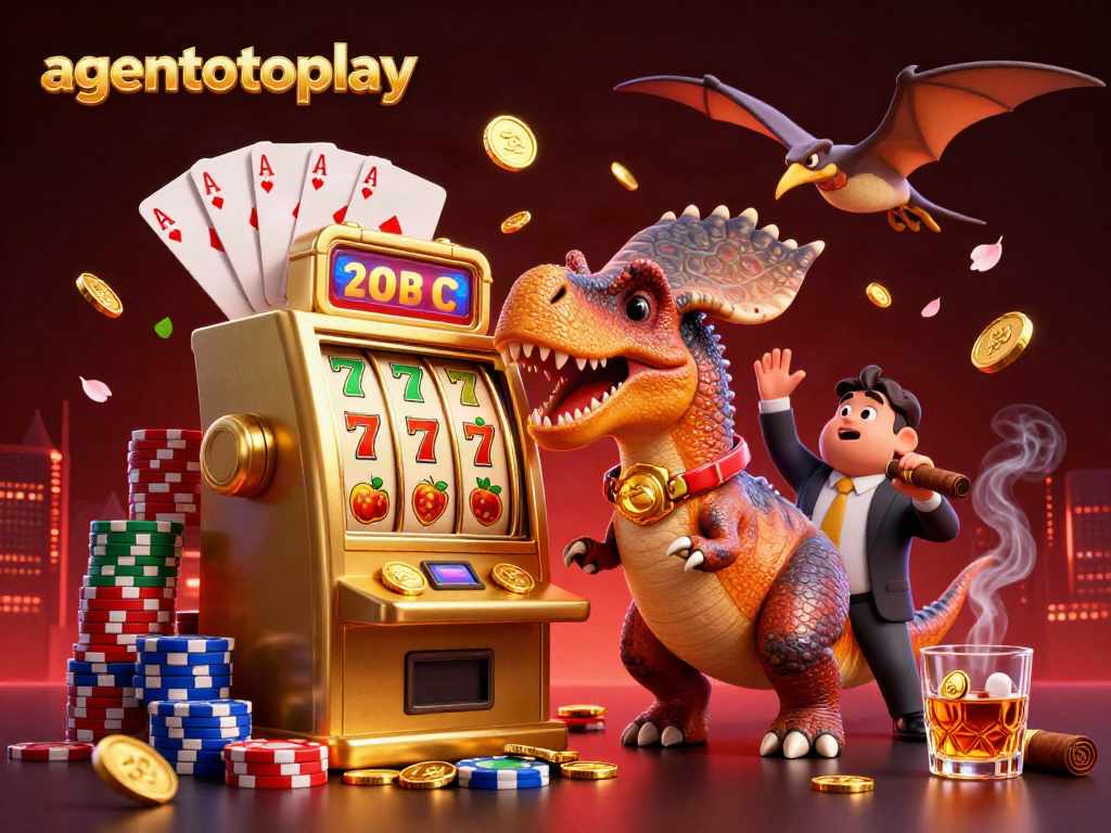 Engage with agentotoplay through a whimsical scene featuring dinosaurs and a golden slot machine winning coins.