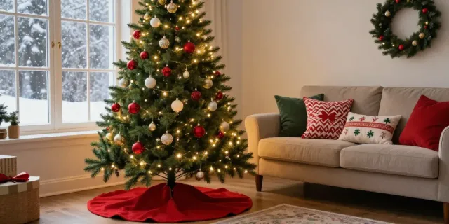 Pencil Christmas tree adorned with colorful ornaments in a cozy holiday living room setting.