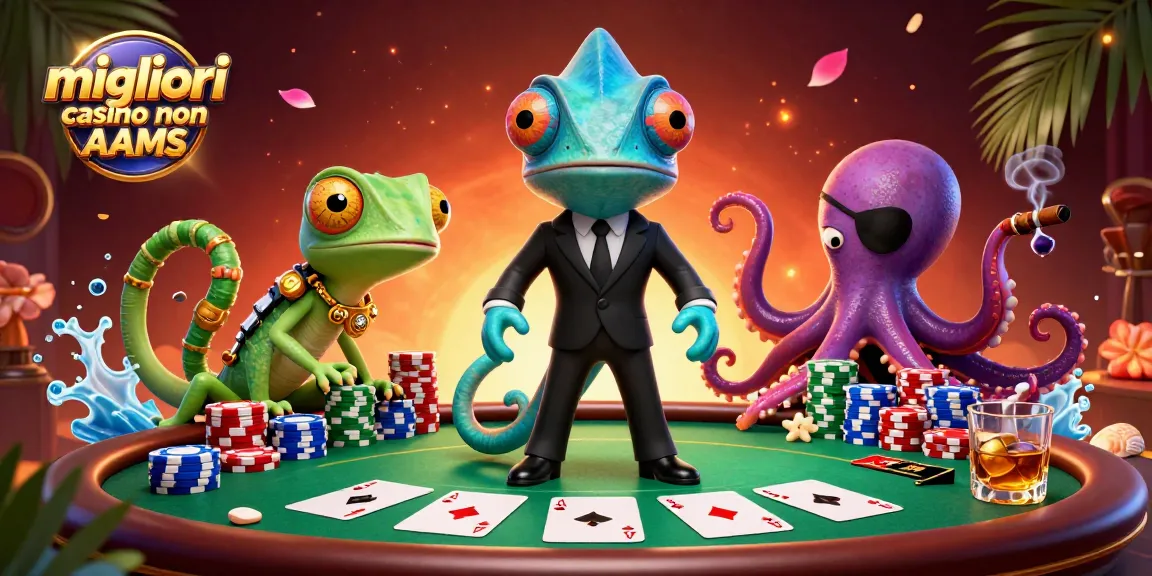 Migliori casino non AAMS in un'illustrazione 3D, agenti segreti e giochi di carte circondati da chip colorati.