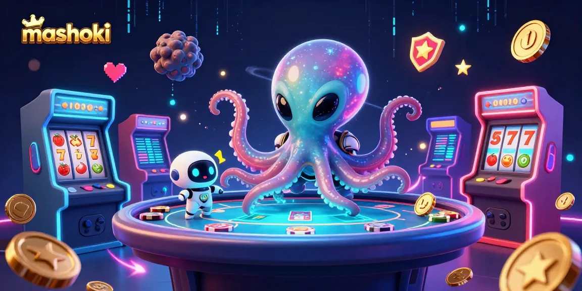 Mashoki alien octopus runs a poker table in a vibrant cosmic casino, showcasing colorful elements.