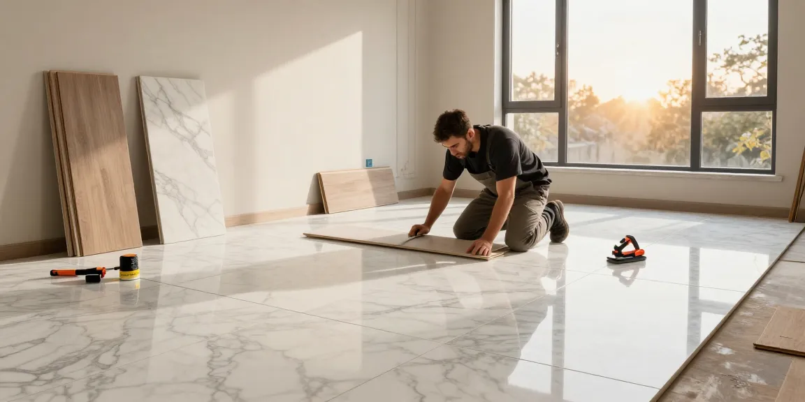 NAGA2000 installer laying premium marble flooring in a luxury home