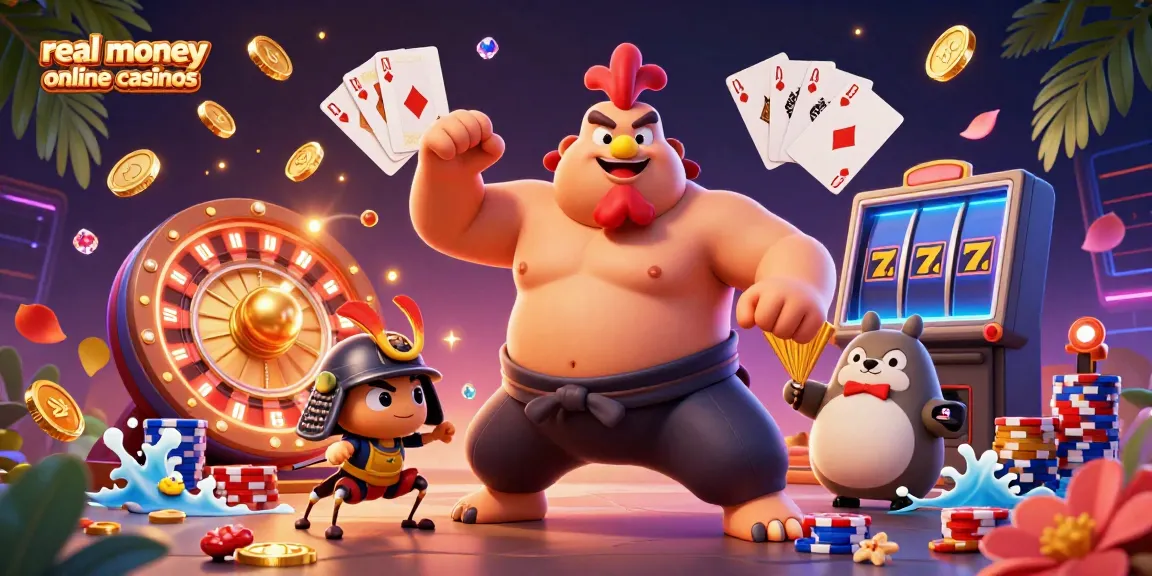 Experience real money online casinos with vibrant 3D characters amid cascading coins and a roulette wheel.
