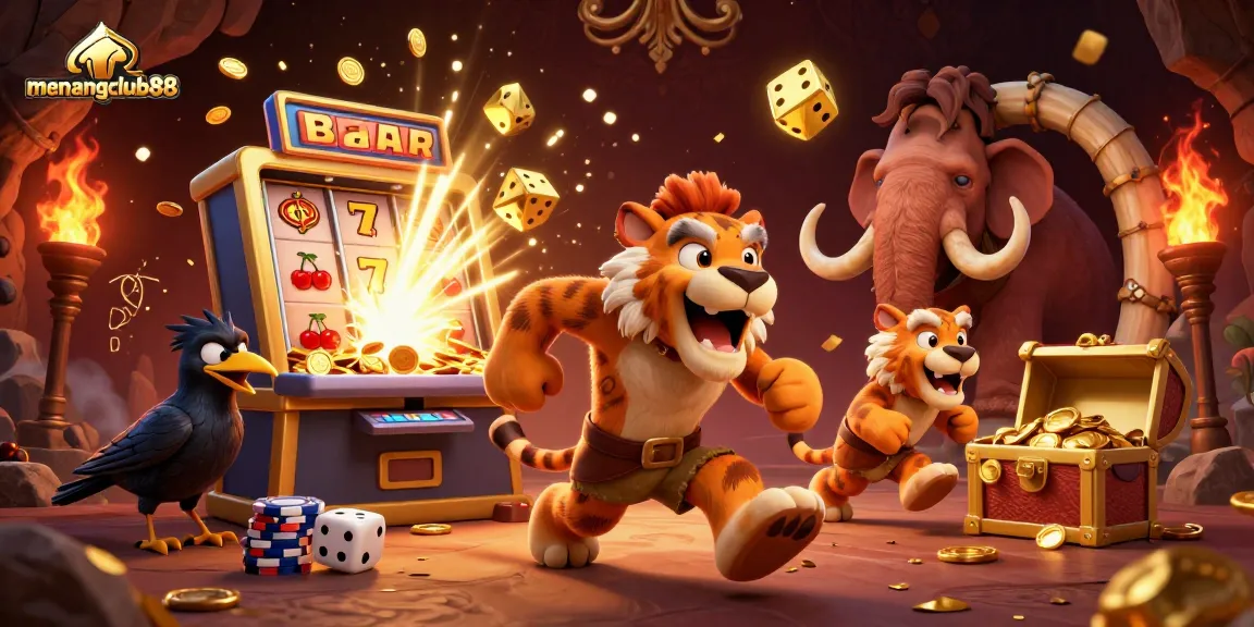 Experience the thrilling ambiance of menangclub88 with dynamic casino action featuring cartoon characters.