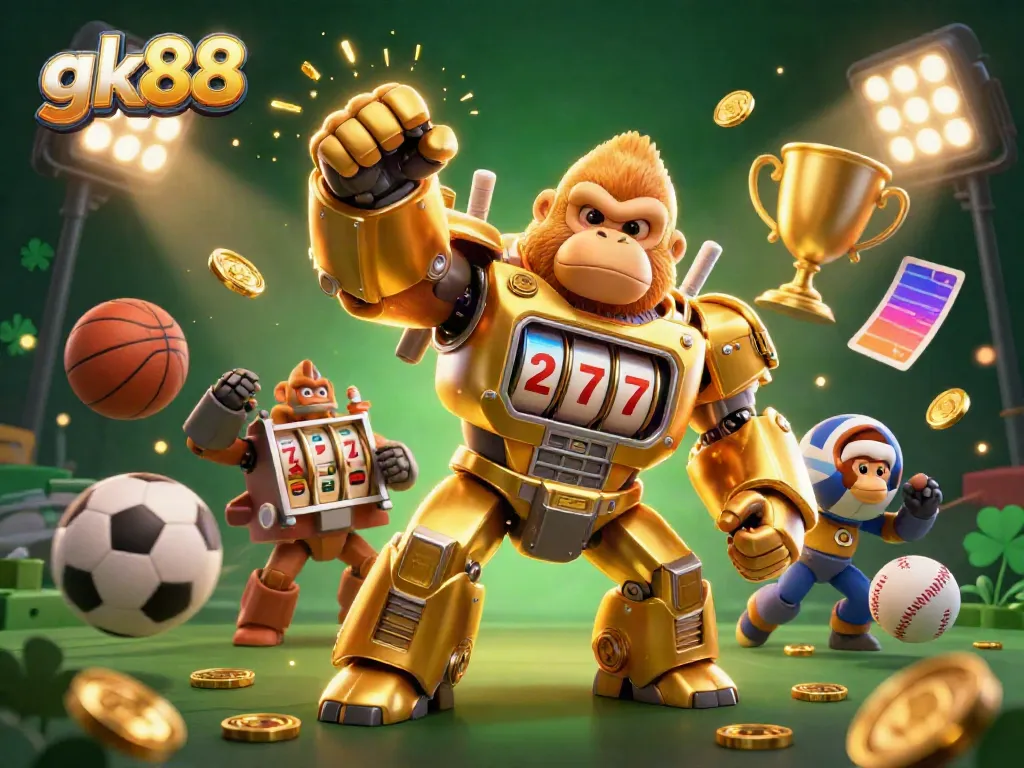Experience thrilling gaming with gk88 in a vibrant casino scene featuring a gorilla mech and dynamic sports elements.