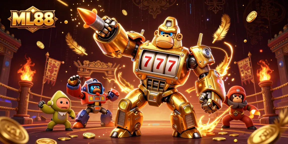 Experience the thrill of ML88 with a dynamic gorilla mech surrounded by casino elements and action.