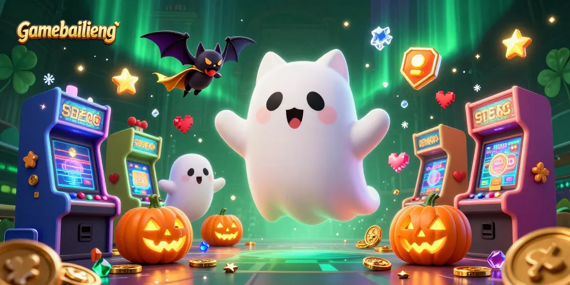 A friendly ghost cat plays 13 Cards at gamebailieng, sharing lively moments in a vibrant haunted casino.