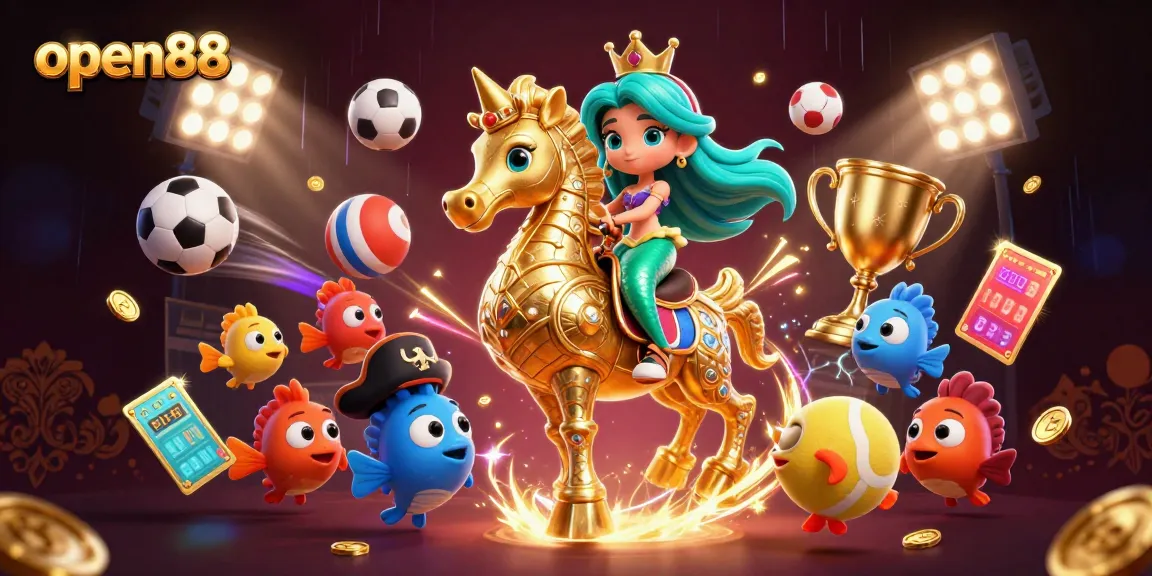 Experience thrilling wins at open88 with a vibrant 3D casino-themed illustration showcasing dynamic characters and sports elements.