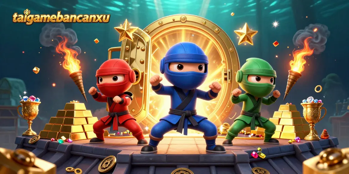 Engage with taigamebancaanxu through a vibrant illustration showcasing chameleon ninjas amid golden treasures.