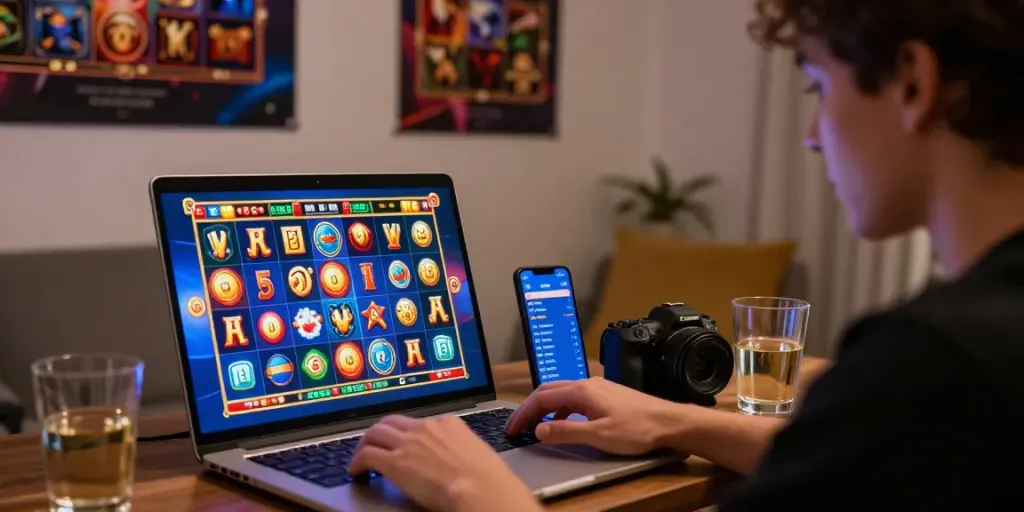 Player enjoying slot online gacor on laptop with colorful gaming visuals, cozy home setup for online gaming.