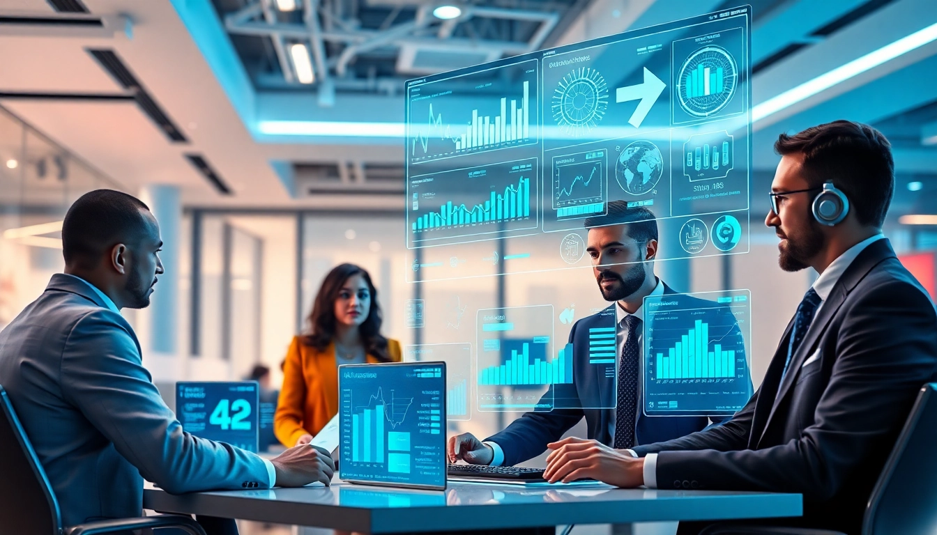 AI agents collaborating in a modern office, showcasing teamwork and innovation.