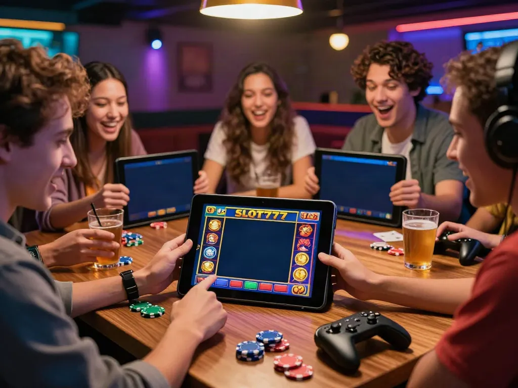 Teman-teman senang bermain Slot777 bersama di ruang game modern dengan suasana ceria.