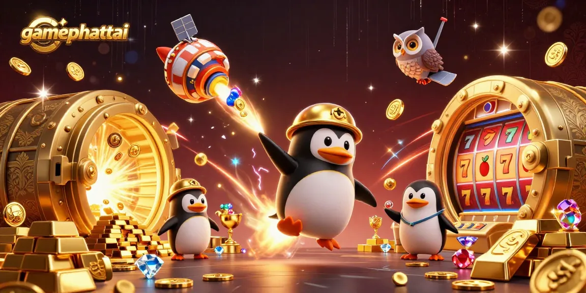 Experience gamephattai with an energetic scene of a penguin toward a sparkling casino space station.