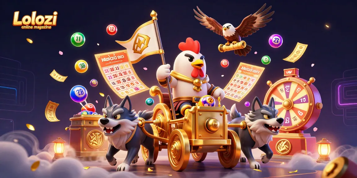 Lolozi online magazine features an epic scene of a rooster warlord with lottery balls and golden tickets in action.