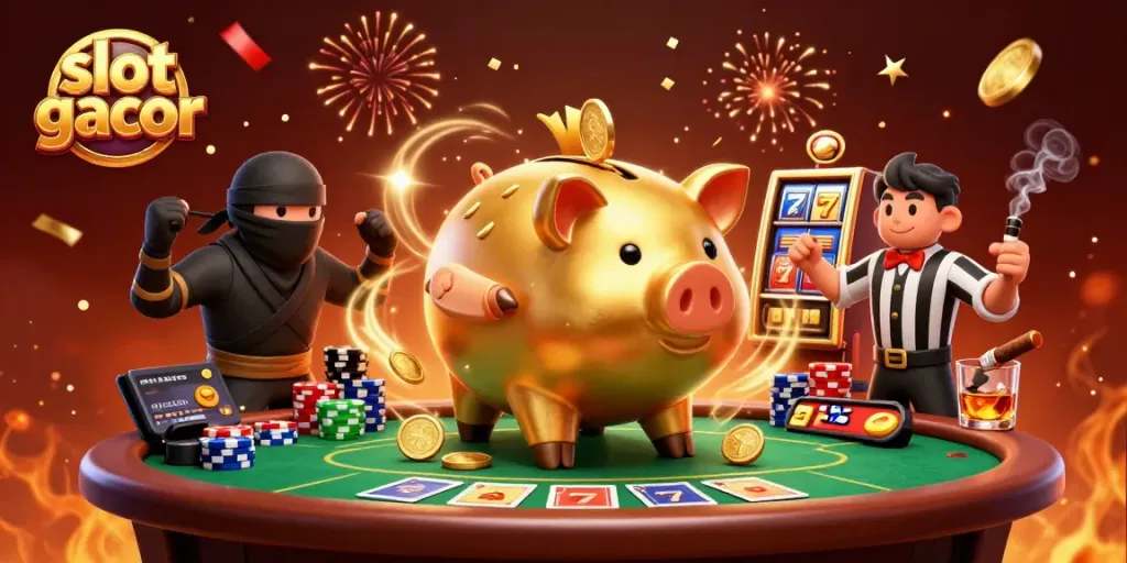 Engage in exciting slot gacor games with this vibrant 3D casino scene showcasing dynamic action.