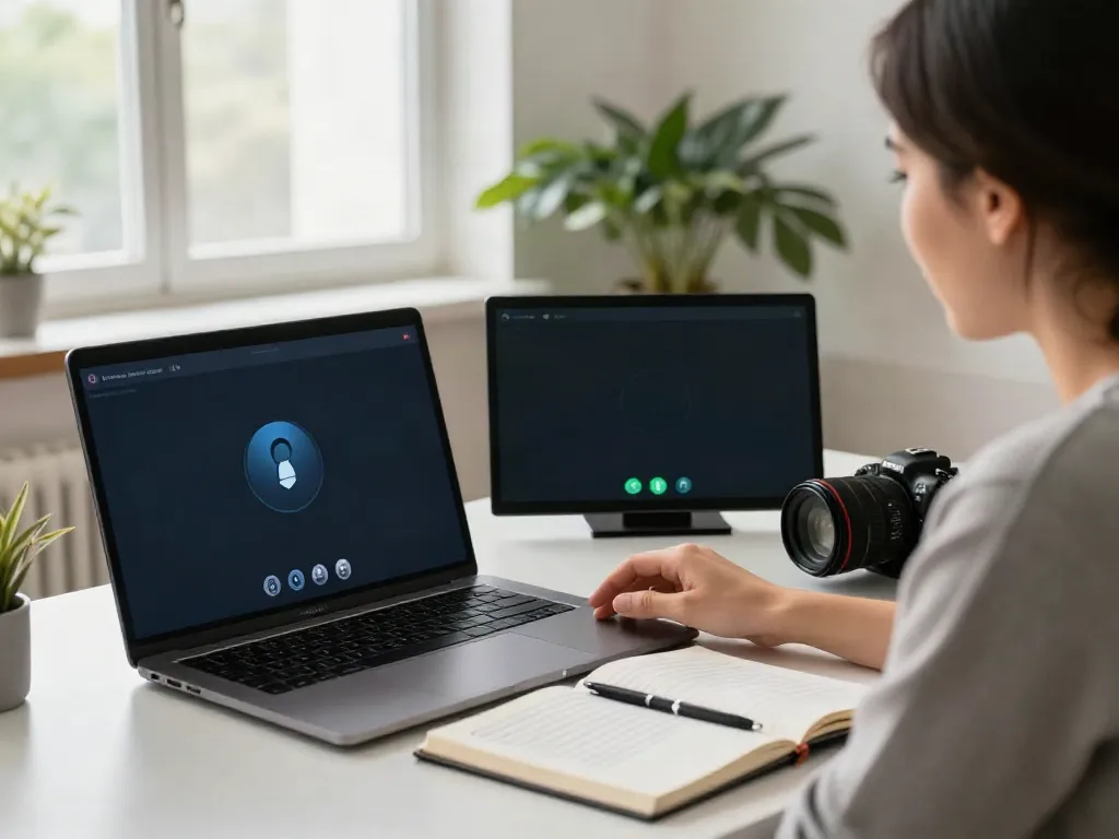 Deepfake protected Online Video Calls with professional in secure home office setting, showcasing technology and workspace safety.