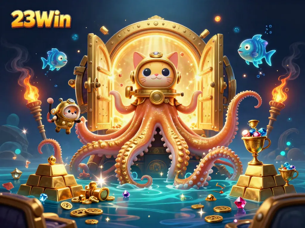 Experience the thrill of winning with 23Win in this captivating casino scene filled with treasures.